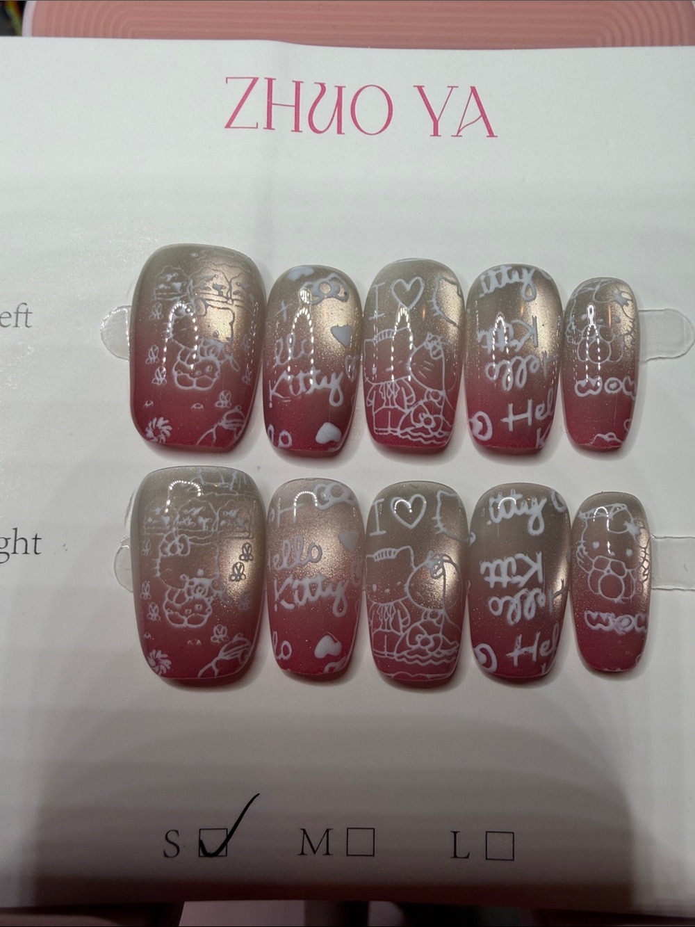 ZHuo Ya Pink-to-Taupe Gradient Press-On Nails Hello Kitty with White Print